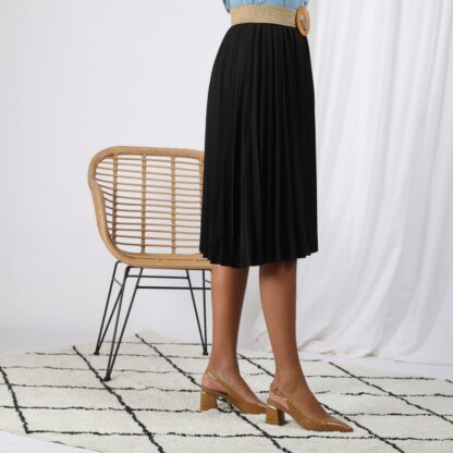 Jupe mi-longue plissée taille élastique dos femme - Noir