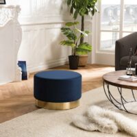 Pouf Rond 55X55Cm Tissu Velours LINE Bleu Marine Ceinture Dorée