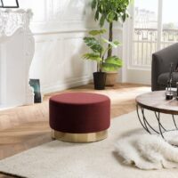 Pouf Rond 55X55Cm Tissu Velours LINE Bordeaux Ceinture Dorée