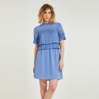 Robe courte unie avec volants plissés femme Morgan - Bleu