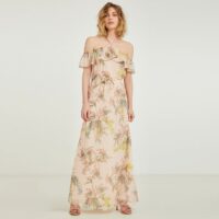 Robe longue imprimée encolure volantée femme Morgan - Rose