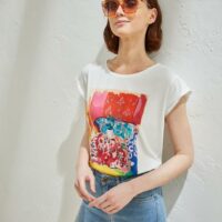 T-shirt femme imprimé Pablo Piatti blanc mississippi rose CYRILLUS