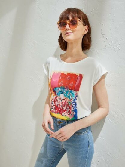 T-shirt femme imprimé Pablo Piatti blanc mississippi rose CYRILLUS