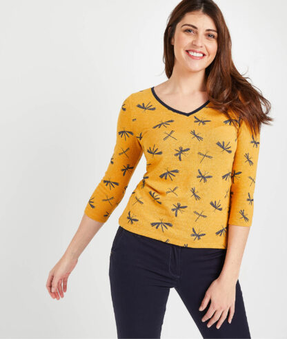T-shirt safran imprimé libellule femme Grain de Malice