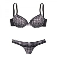 Ensemble soutien-gorge push-up + string imprimé pied de poule microfibre et maille résille Vivance - Noir