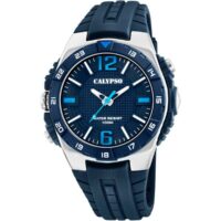 Montre Calypso STREET STYLE K5778-3 - Montre 3AIGUILLES 46MM ACIER CADRAN NOIR LUNETTE NOIRE BRACELET RESINE BLEUE Homme