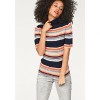 Pull maille côtelée rayée col roulé manches courtes femme Tom Tailor Denim - Bleu