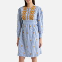 Robe brodée courte à manches longues MEXICA Bleu Orange Antik batik