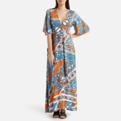 Robe longue d'été à manches courtes LEANDRA Bleu Orange Antik batik