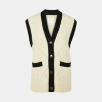 Gilet droit sans manches côtelé ajouré bicolore laine Beige Sandro