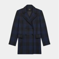 Manteau droit mi-long Goldan à carreaux Bleu Maje