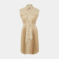 Robe chemise mi-longue plissée sans manches Beige Sandro