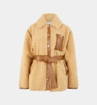 Veste droite courte peau lainée cuir Beige Sandro