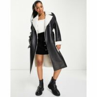 Manteau long en similicuir avec ceinture et bordure imitation peau de mouton - Noir Pimkie