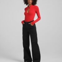 Body Manches Longues Col Polo Femme L Rouge Bershka