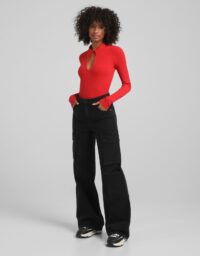 Body Manches Longues Col Polo Femme L Rouge Bershka