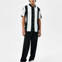 Chemisette Rayée Twill Homme S Blanc/Noir Bershka