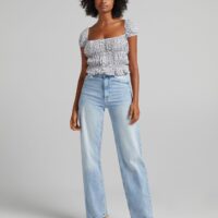 Chemisier Froncé Devant Imprimé Fleurs Femme S Blanc/Noir Bershka