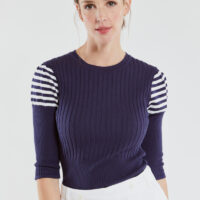 Pull manches courtes Deauville - coton Femme Indaco/Blanc Armor Lux