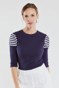 Pull manches courtes Deauville - coton Femme Indaco/Blanc Armor Lux