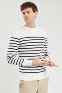 Pull marin rayé "Groix" - coton Homme Milk/Navire Armor Lux