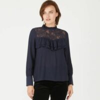 Blouse crépon et dentelle col montant Bleu See U Soon