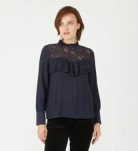 Blouse crépon et dentelle col montant Bleu See U Soon