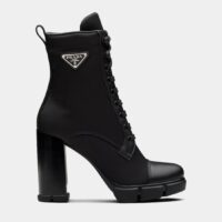 Bottines en cuir et nylon à talon Noir Prada