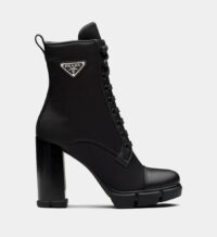 Bottines en cuir et nylon à talon Noir Prada