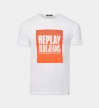 T-shirt droit coton sérigraphie rectangle signature Blanc Replay