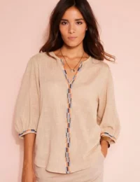 Blouse brodée en coton unie, manches 3/4 Blancheporte