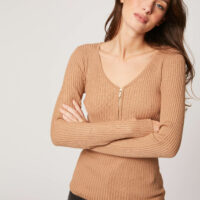 Pull Col V Zippé En Maille Côtelée-MORGAN