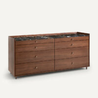 Commode 6 Tiroirs Plaqué Noyer Marbre Ambré