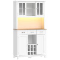 Armoire de cuisine avec éclairage led porte-bouteilles bois blanc-Bois-Blanc-Homcom