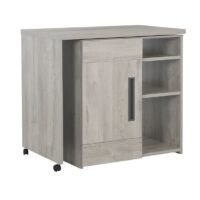 Bar pivotant effet bois chêne gris clair avec roulettes et étagères-Bois-Beige-Gami