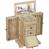 Boîte à bijoux femme 4 niveaux avec ailes miroir 2 tiroirs bois marron-Bois-Marron-Homcom