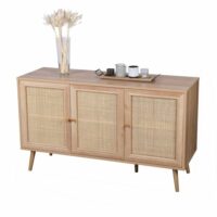 Buffet 3 portes avec cannage rotin et décor bois L120cm-Bois-Beige-Fornord