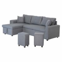 Canapé d'angle convertible 3 places en tissu gris chiné-Tissu-Gris-Happy Garden