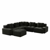 Canapé d'angle modulaire en velours côtelé noir avec ottomane-Velours-Noir-OKWISH