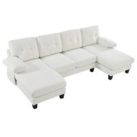 Canapé en chenille beige avec double méridienne 268x128x84 cm--Beige-OKWISH