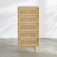 Chiffonnier 5 tiroirs en bois de pin et rotin clair