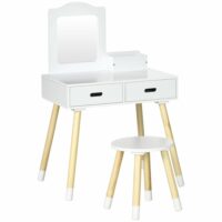 Coiffeuse enfant design scandinave et tabouret bois pin mdf blanc-Bois de Pin-Blanc-ZONEKIZ