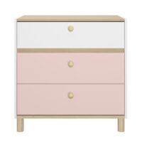 Commode 3 tiroirs blanc effet bois chêne clair et poignée dorée-Bois-Beige-Gami