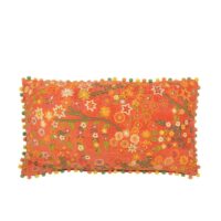 Coussin rectangle fleurs+pompoms en velours orange 65x35x15 cm-Velours-Orange-J-line