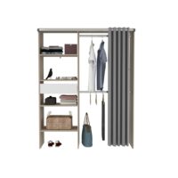 Dressing avec rideau 4 étagères 2 penderies et un tiroir bois et blanc-Bois-Blanc-Concept Usine
