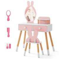 Ensemble coiffeuse et tabouret pour enfants--Rose-Giantex