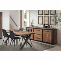 Ensemble  séjour buffet et table 200cm aspect bois piètement x métal n-Métal-Marron-Altobuy