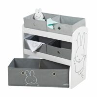 Étagère enfant pour jouets en bois blanc + 5 bacs en tissu gris-Tissu-Multicolore-roba