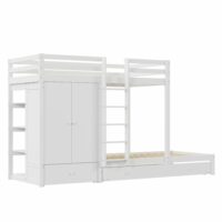 Lit superposé en bois blanc avec tiroirs et armoire 90 x 200 cm-Bois-Blanc-OKWISH