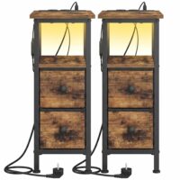 Lot de 2 bouts de canapé étroites avec led et prises 2 tiroirs marron--Marron-SONGMICS